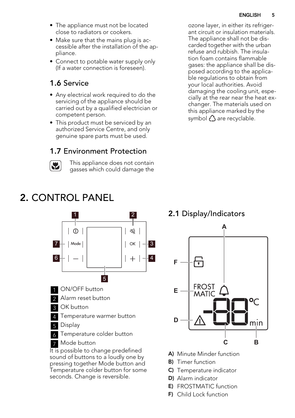 Control panel, 6 service, 7 environment protection | 1 display/indicators | AEG A82700GNX0 User Manual | Page 5 / 64