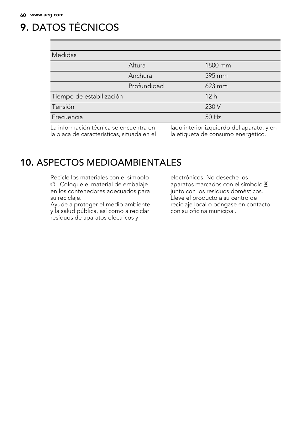 Datos técnicos, Aspectos medioambientales | AEG A82700GNX0 User Manual | Page 60 / 64