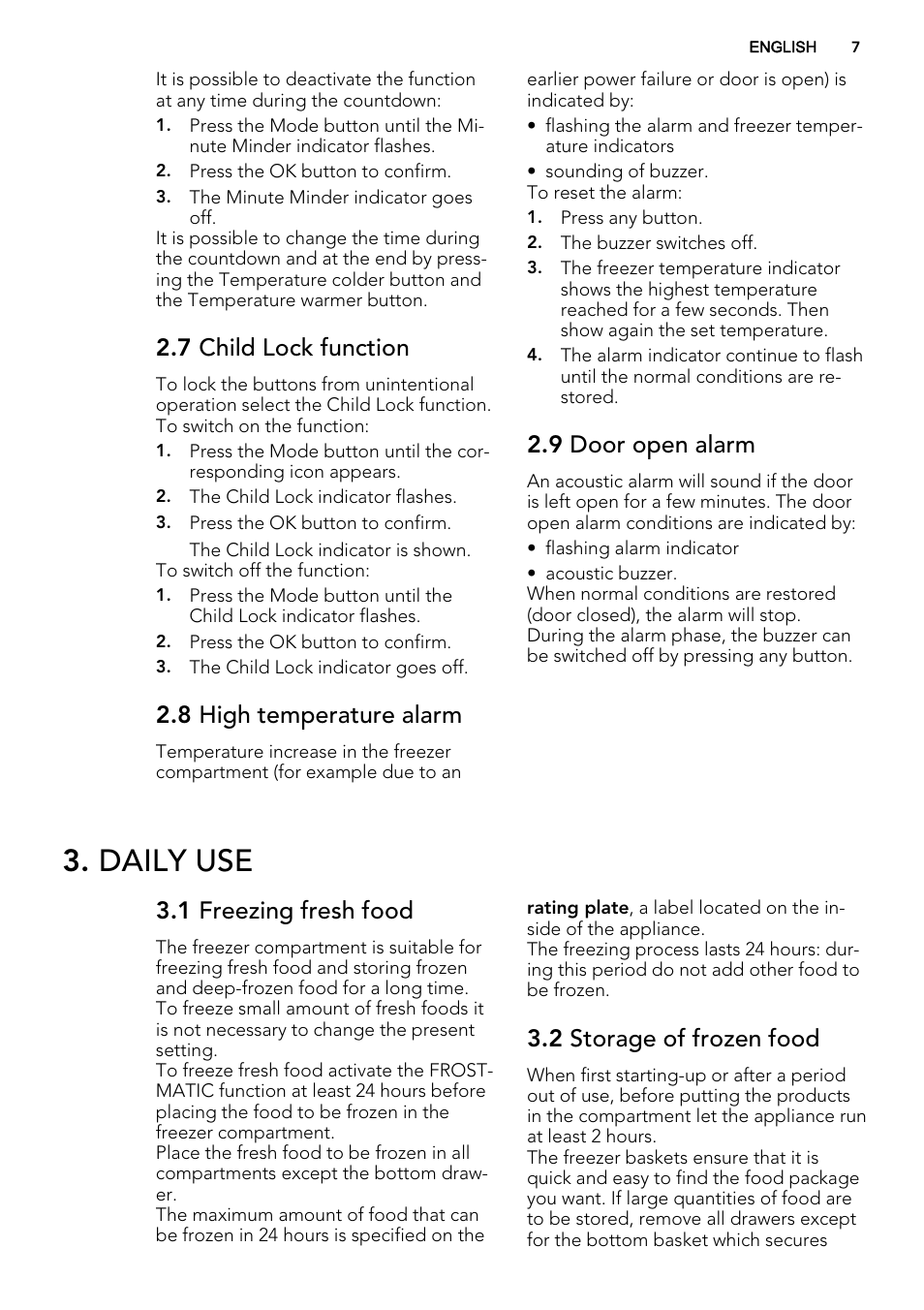 Daily use, 7 child lock function, 8 high temperature alarm | 9 door open alarm, 1 freezing fresh food, 2 storage of frozen food | AEG A82700GNX0 User Manual | Page 7 / 64
