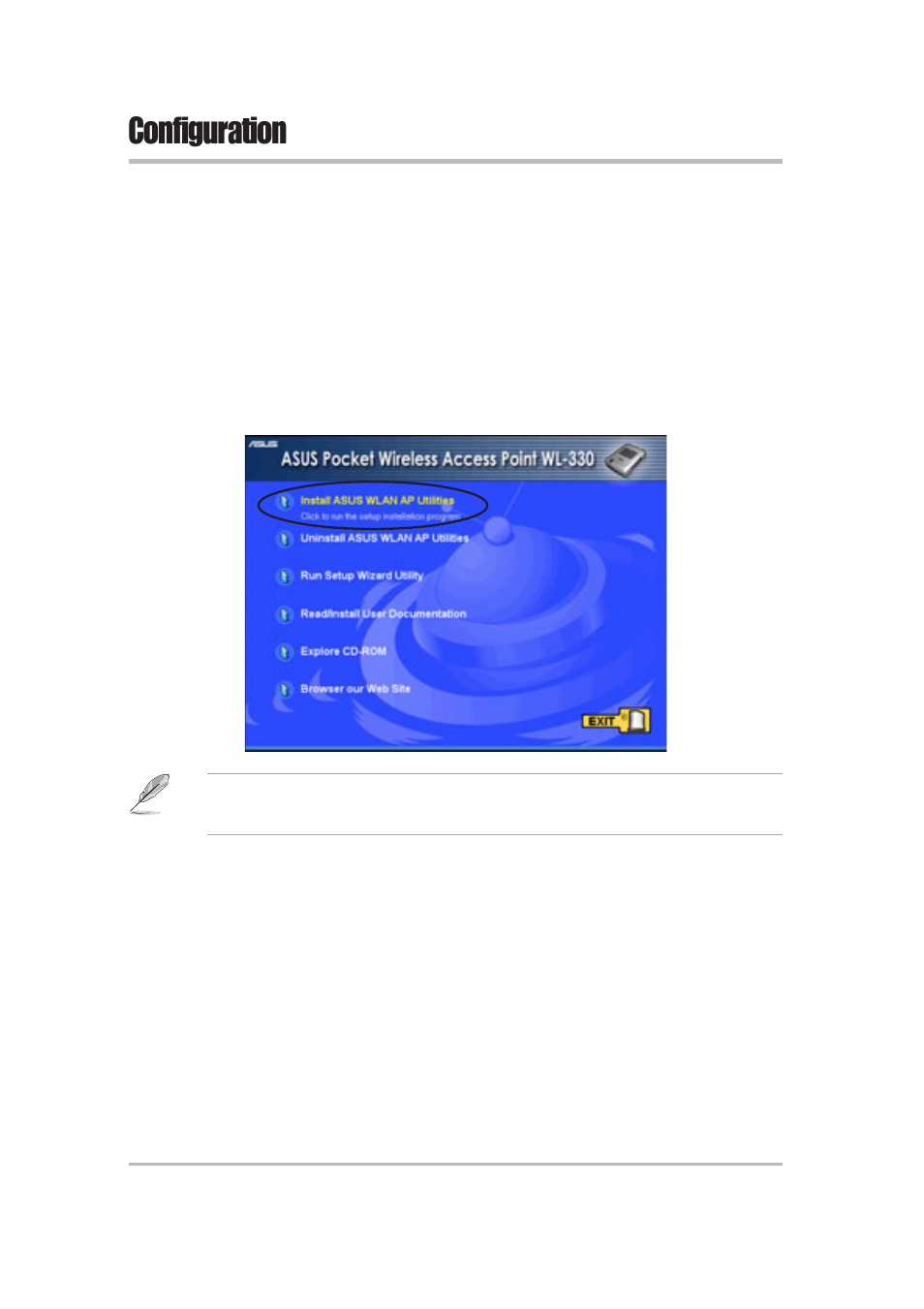 Configuration, 1 installing the utilities | Asus WL-330 User Manual | Page 28 / 74