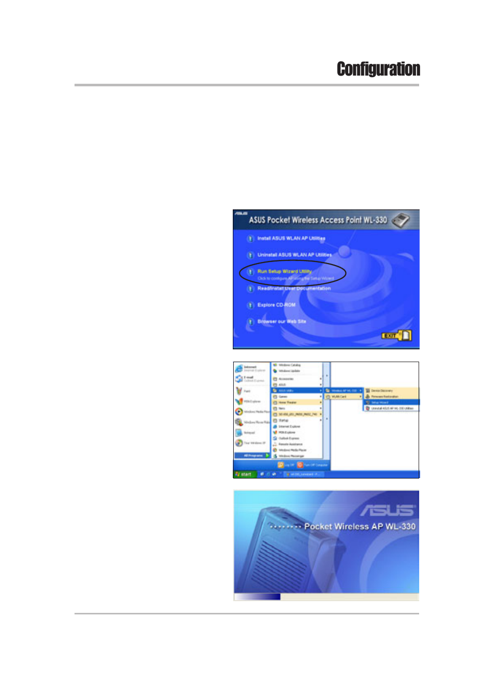 Configuration, 2 using the setup wizard utility, 1 launching the setup wizard utility | Asus WL-330 User Manual | Page 29 / 74