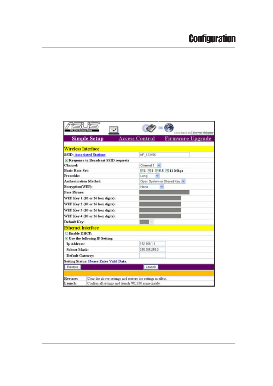 Configuration, 4 launching the web configuration utility | Asus WL-330 User Manual | Page 41 / 74