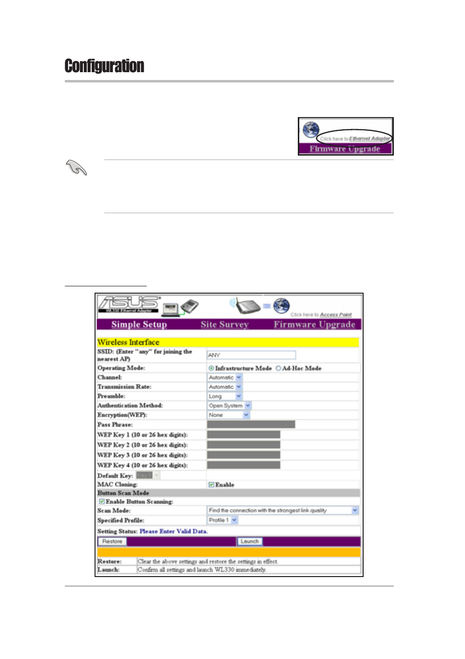 Configuration, 6 ethernet adapter mode | Asus WL-330 User Manual | Page 52 / 74