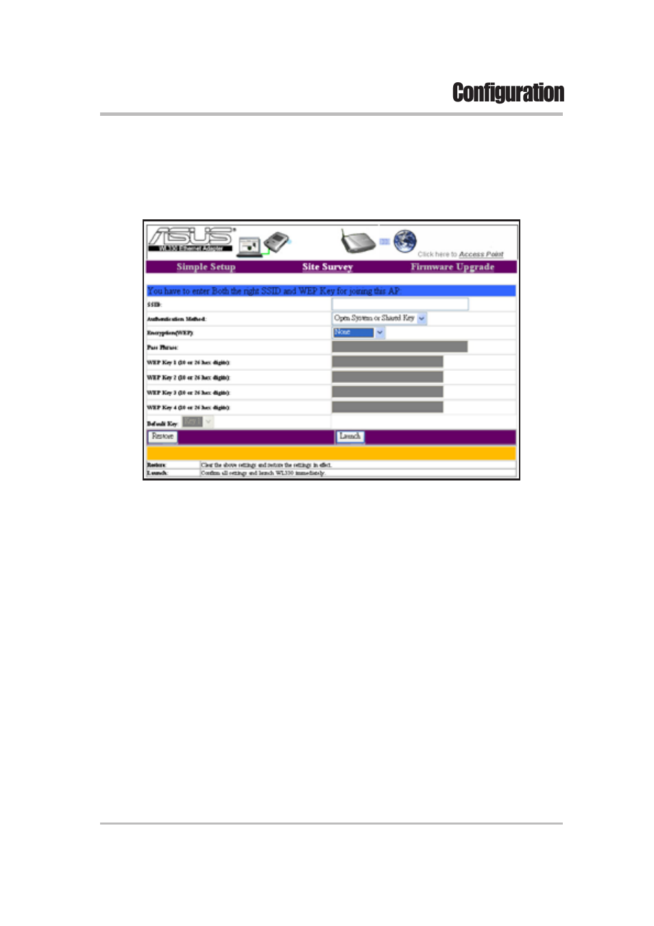 Configuration | Asus WL-330 User Manual | Page 61 / 74