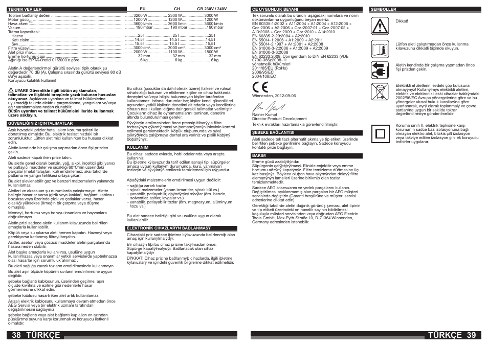 Türkçe | AEG AP 250 ECP User Manual | Page 20 / 35