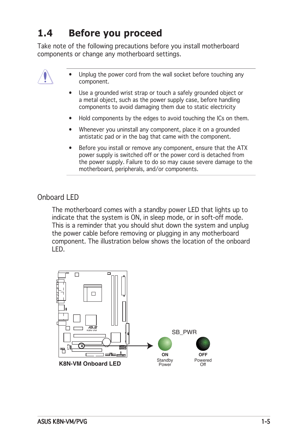 4 before you proceed, Onboard led | Asus K8N-VM User Manual | Page 15 / 82