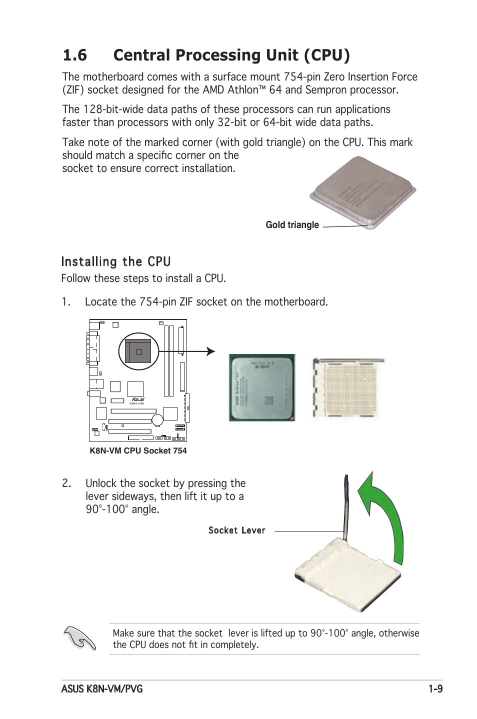 6 central processing unit (cpu), Installing the cpu | Asus K8N-VM User Manual | Page 19 / 82