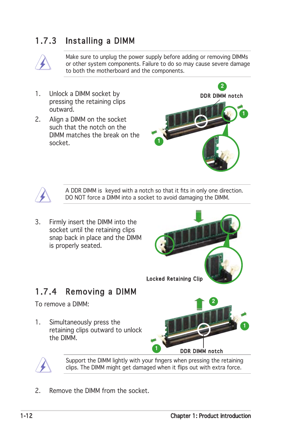 4 removing a dimm, 3 installing a dimm | Asus K8N-VM User Manual | Page 22 / 82