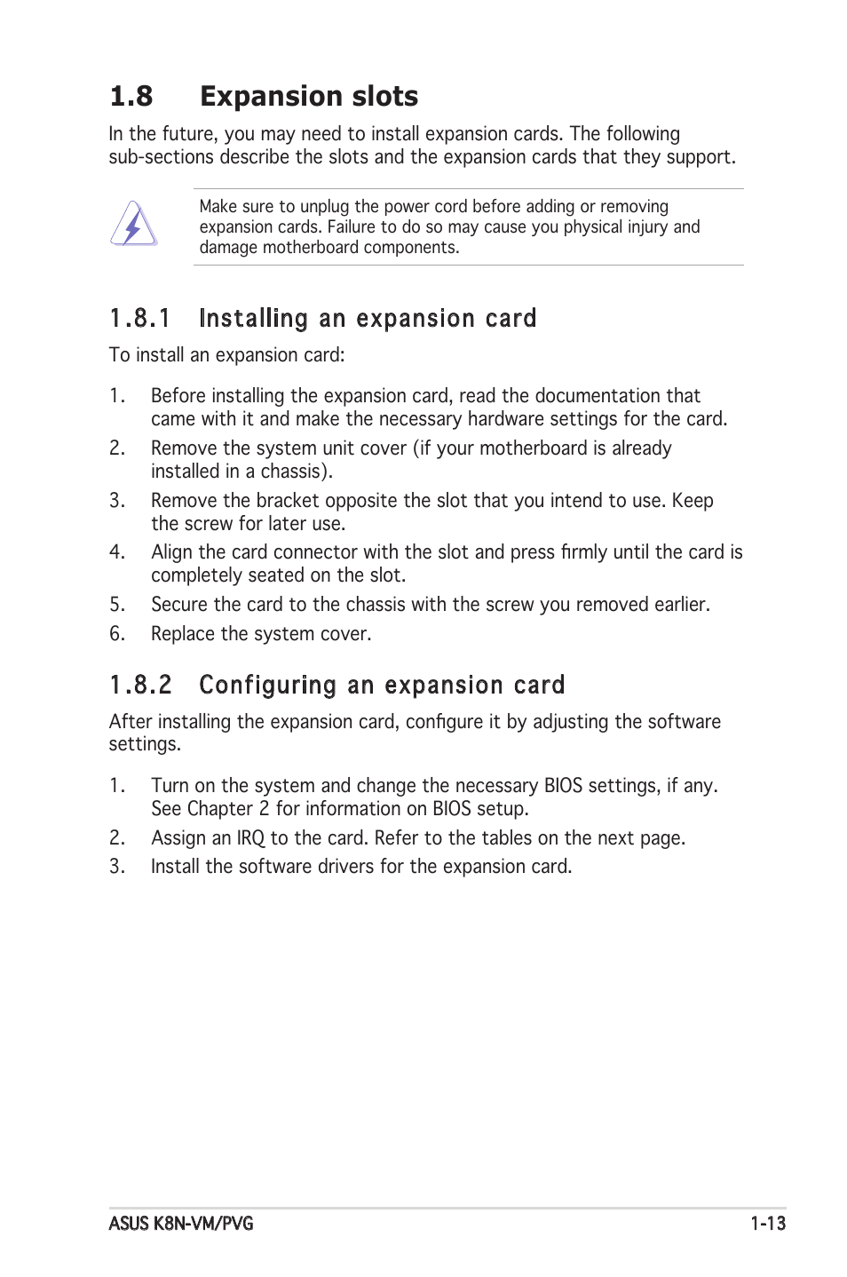 8 expansion slots, 1 installing an expansion card, 2 configuring an expansion card | Asus K8N-VM User Manual | Page 23 / 82