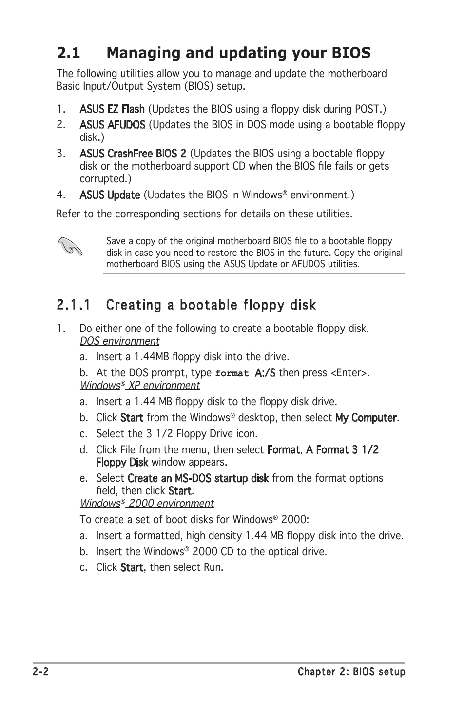 1 managing and updating your bios, 1 creating a bootable floppy disk | Asus K8N-VM User Manual | Page 38 / 82