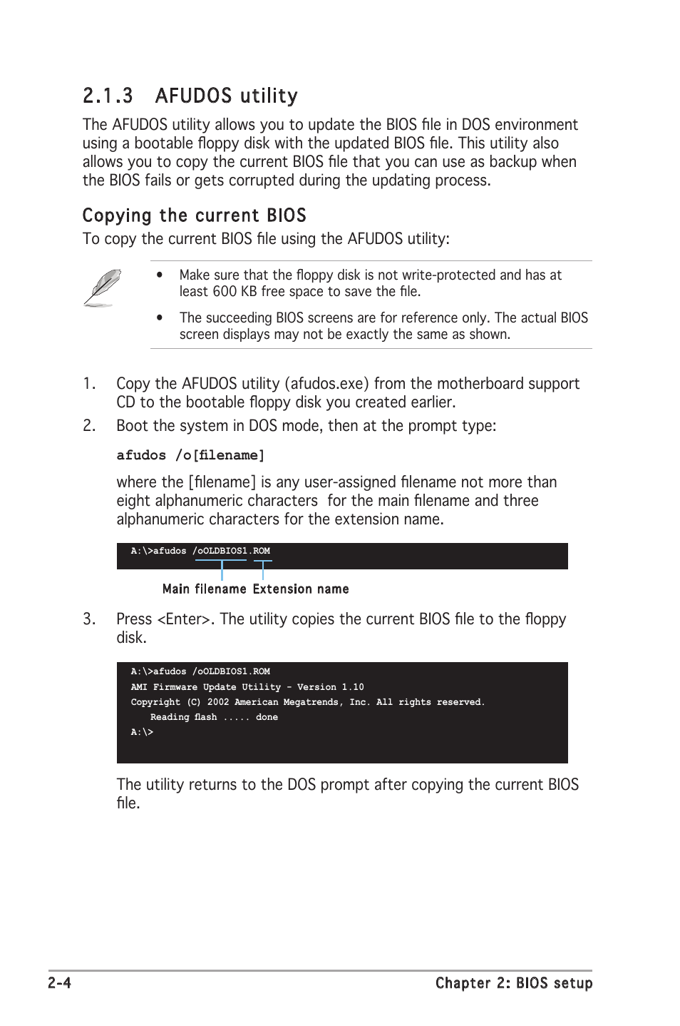 3 afudos utility, Copying the current bios | Asus K8N-VM User Manual | Page 40 / 82