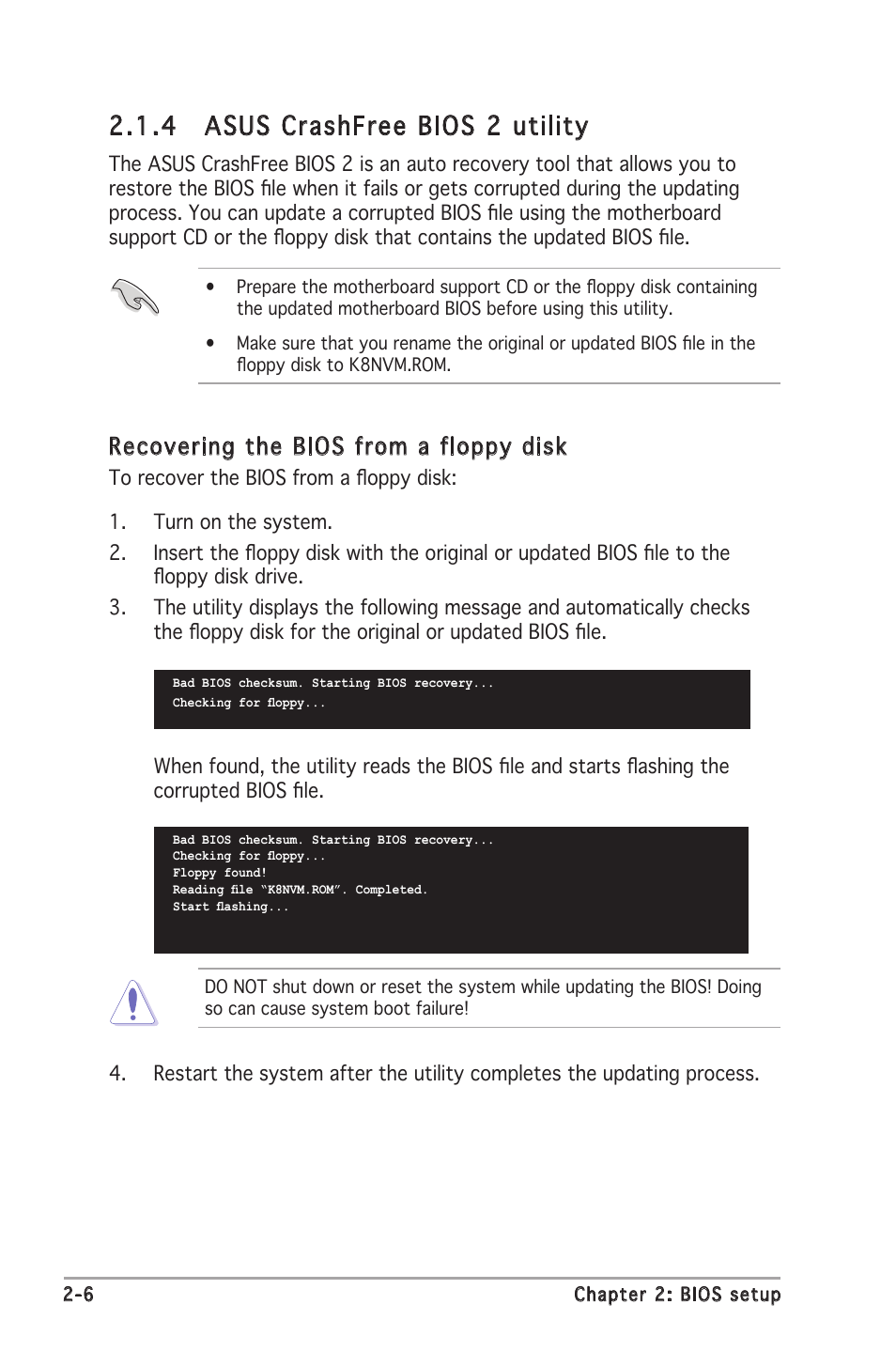 4 asus crashfree bios 2 utility, Recovering the bios from a floppy disk | Asus K8N-VM User Manual | Page 42 / 82