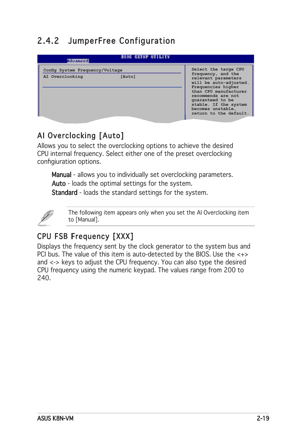 2 jumperfree configuration, Ai overclocking [auto, Cpu fsb frequency [xxx | Asus K8N-VM User Manual | Page 55 / 82