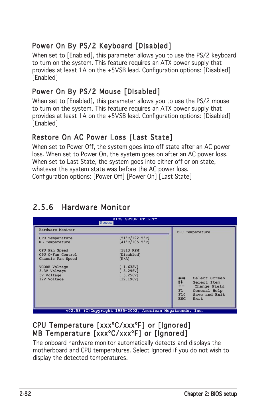 6 hardware monitor, Power on by ps/2 keyboard [disabled, Power on by ps/2 mouse [disabled | Restore on ac power loss [last state | Asus K8N-VM User Manual | Page 68 / 82