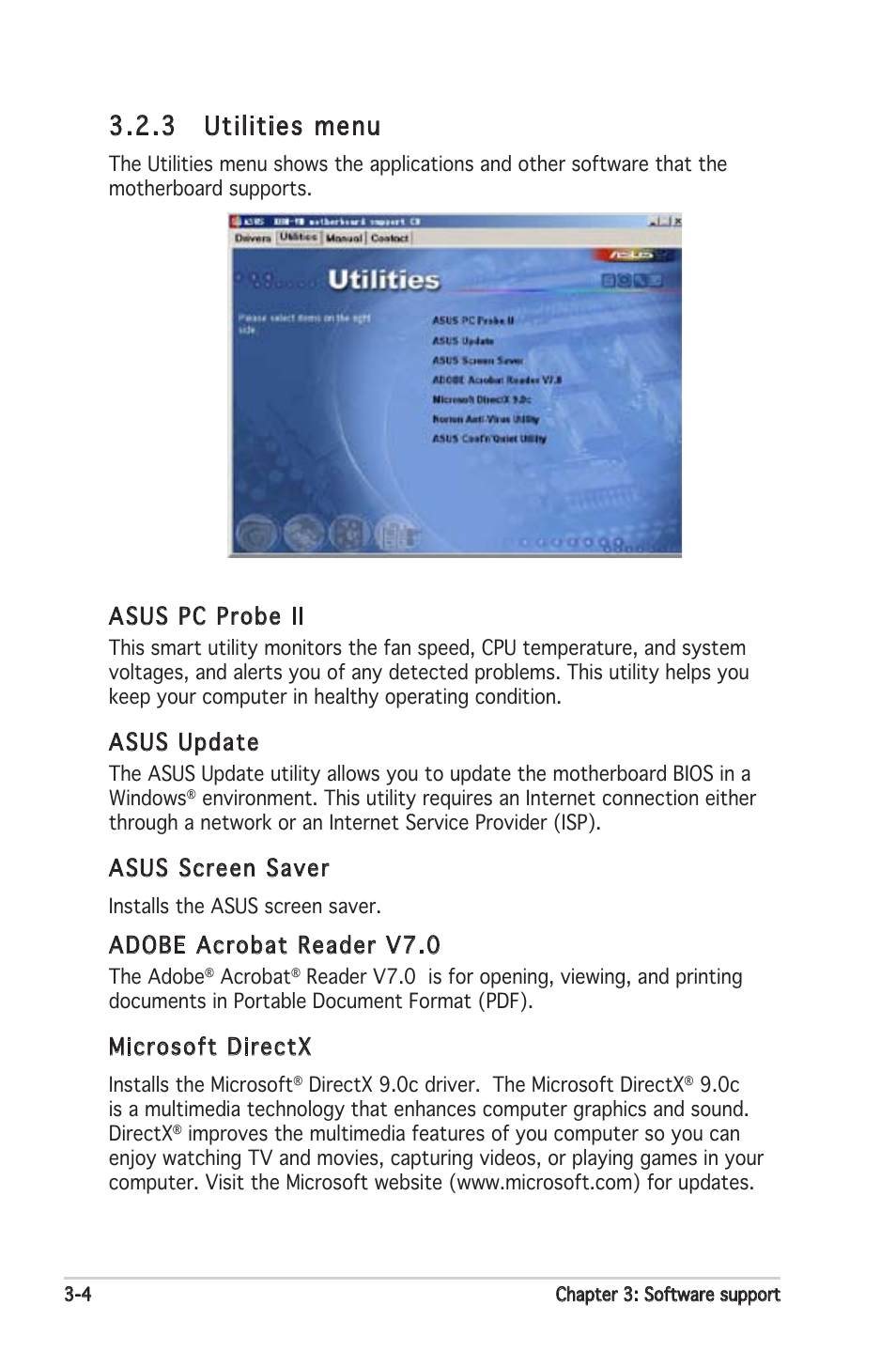 3 utilities menu, Asus pc probe ii, Asus update | Asus screen saver, Adobe acrobat reader v7.0, Microsoft directx | Asus K8N-VM User Manual | Page 80 / 82