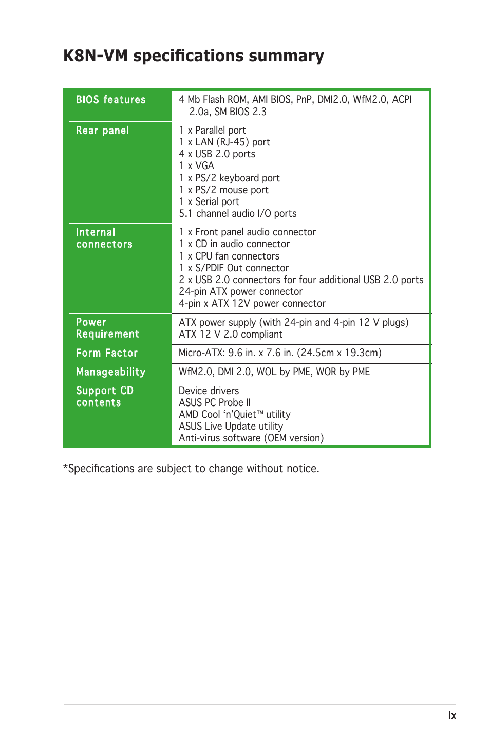 K8n-vm speciﬁcations summary | Asus K8N-VM User Manual | Page 9 / 82