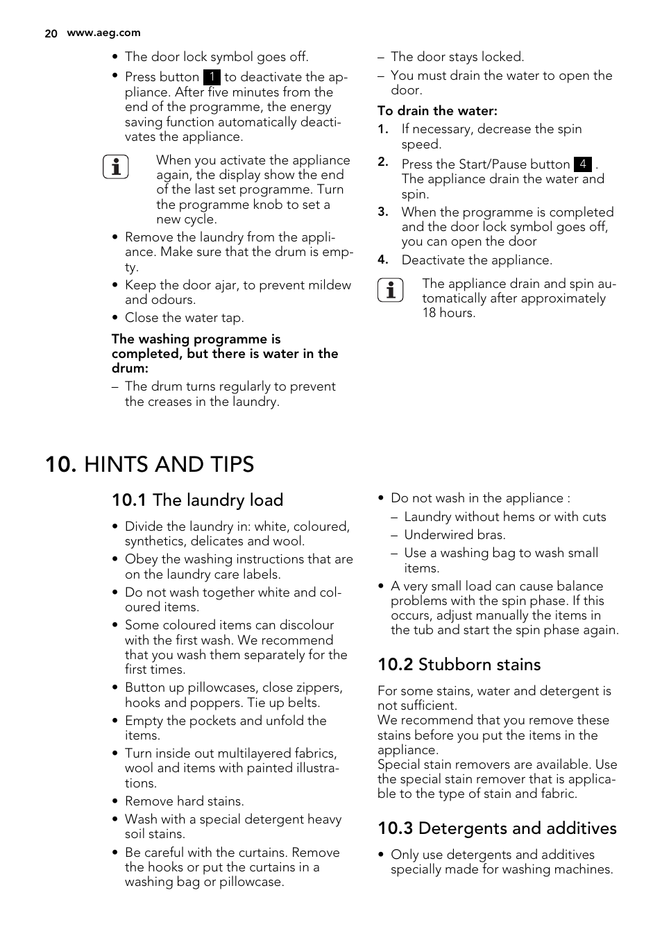 Hints and tips, 1 the laundry load, 2 stubborn stains | 3 detergents and additives | AEG L76480FL User Manual | Page 20 / 68