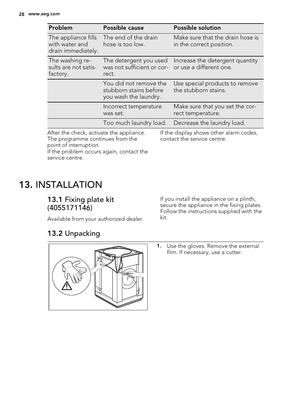 Installation, 2 unpacking | AEG L76480FL User Manual | Page 28 / 68