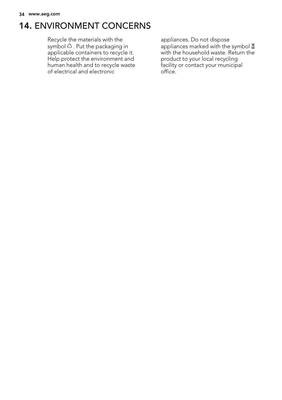 Environment concerns | AEG L76480FL User Manual | Page 34 / 68