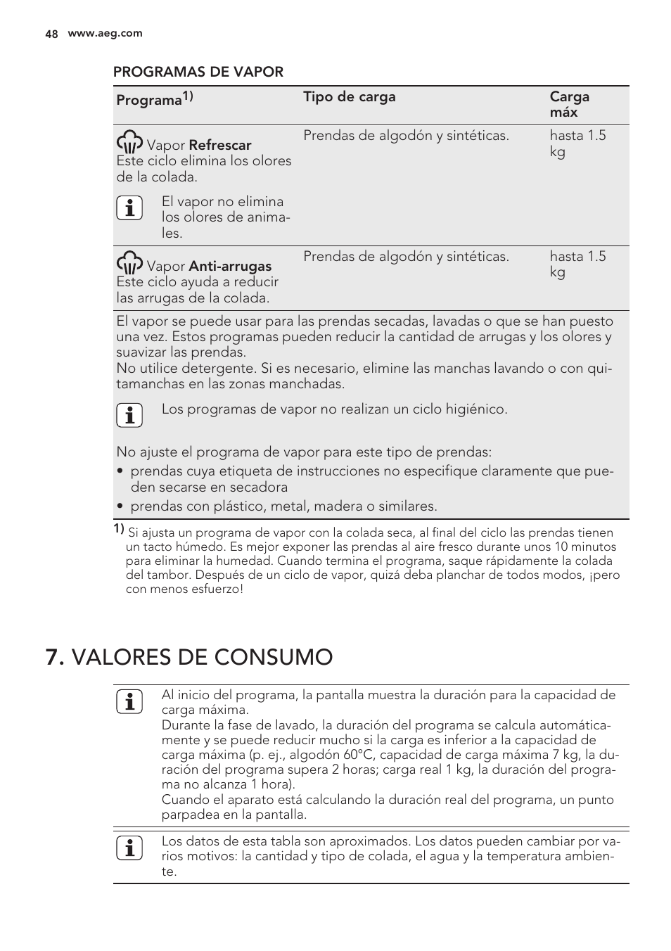 Valores de consumo | AEG L76480FL User Manual | Page 48 / 68