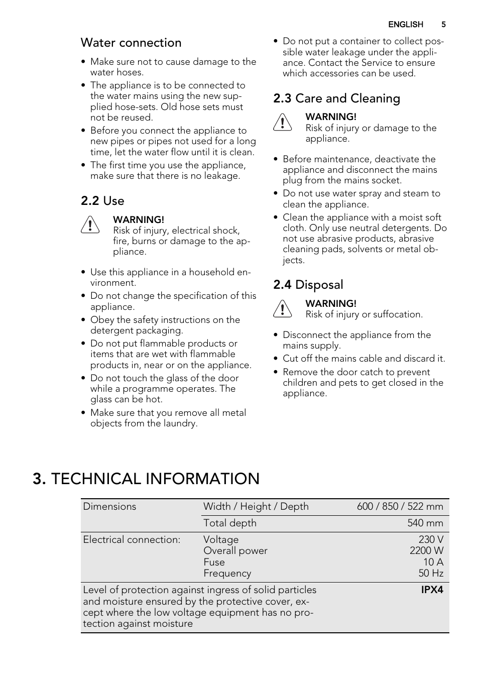 Technical information, Water connection, 2 use | 3 care and cleaning, 4 disposal | AEG L76480FL User Manual | Page 5 / 68