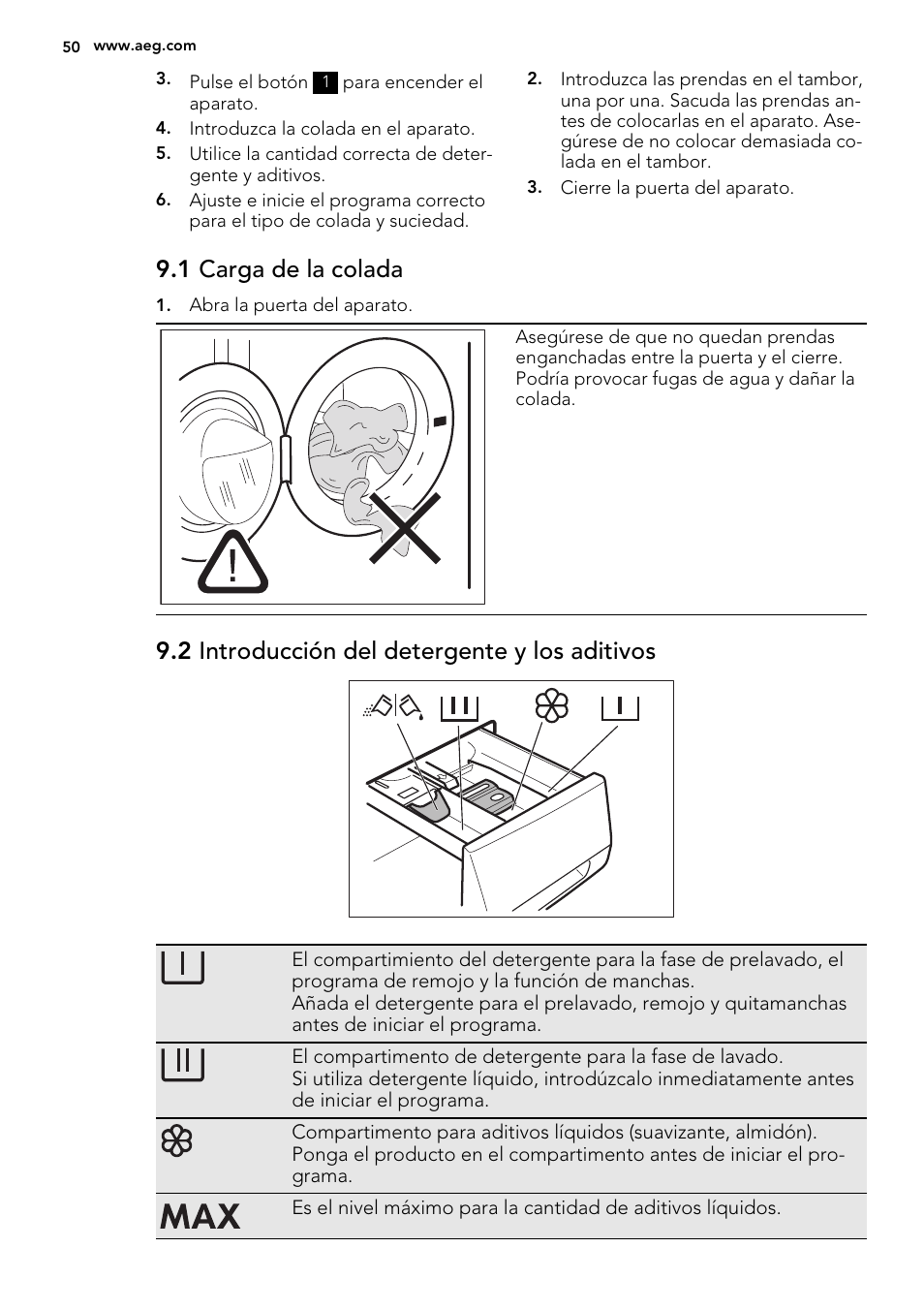 1 carga de la colada, 2 introducción del detergente y los aditivos | AEG L76480FL User Manual | Page 50 / 68