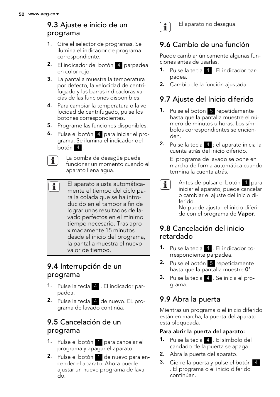 3 ajuste e inicio de un programa, 4 interrupción de un programa, 5 cancelación de un programa | 6 cambio de una función, 7 ajuste del inicio diferido, 8 cancelación del inicio retardado, 9 abra la puerta | AEG L76480FL User Manual | Page 52 / 68