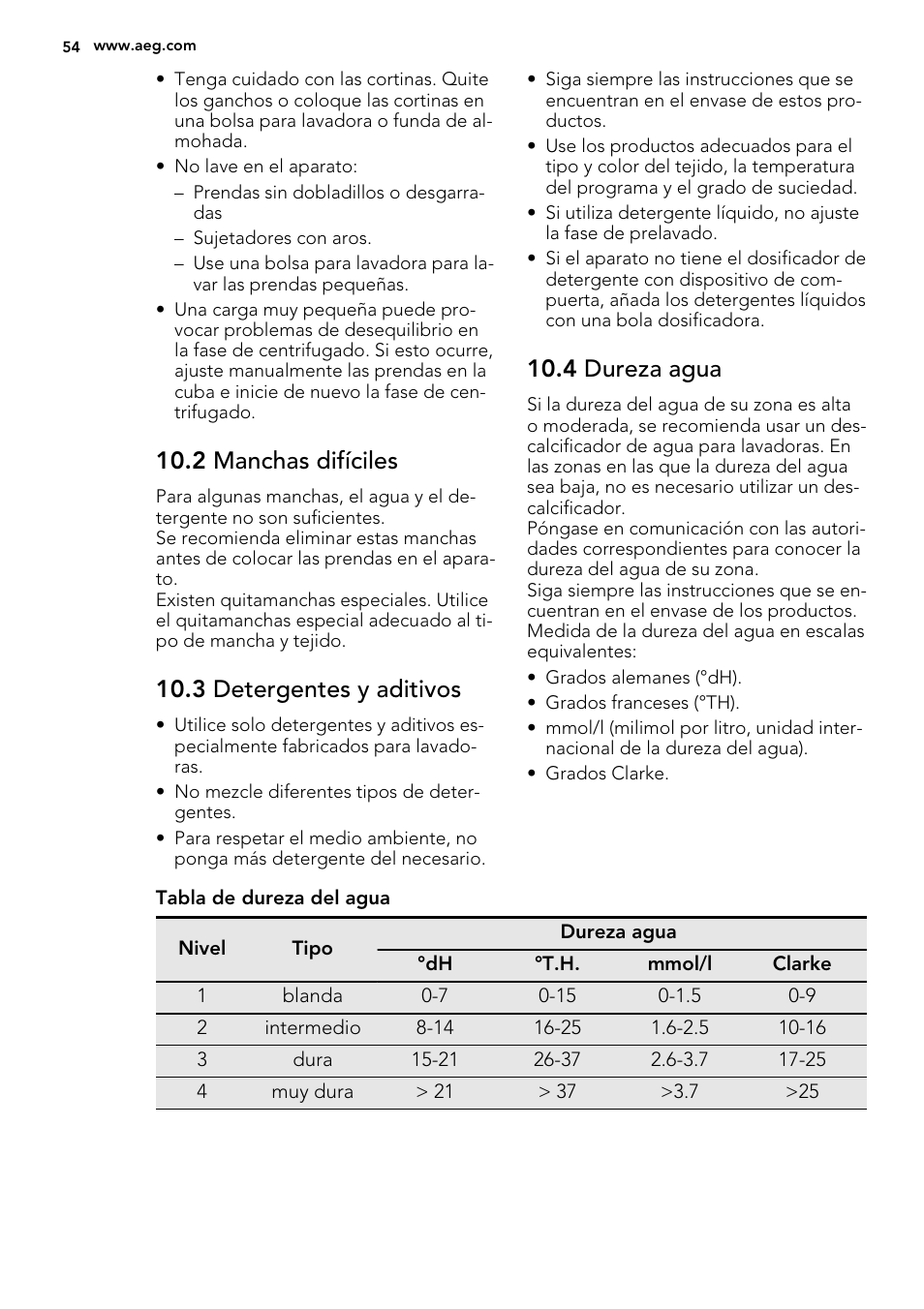 2 manchas difíciles, 3 detergentes y aditivos, 4 dureza agua | AEG L76480FL User Manual | Page 54 / 68