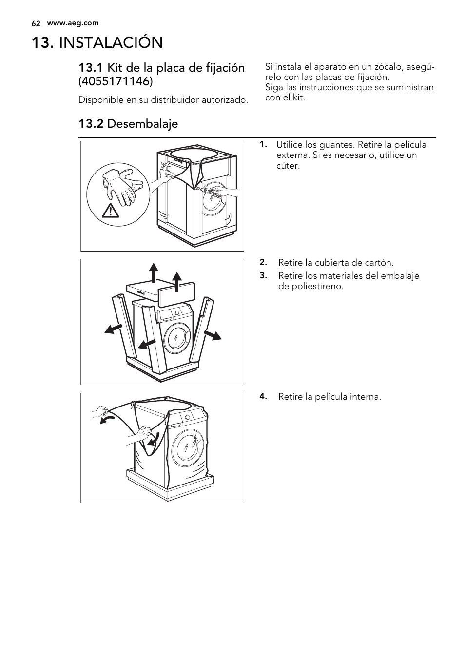 Instalación, 2 desembalaje | AEG L76480FL User Manual | Page 62 / 68