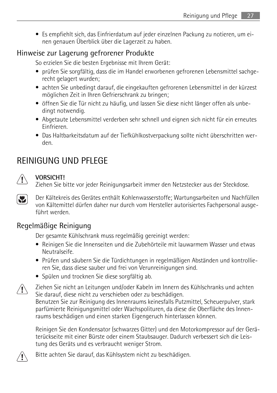 Reinigung und pflege, Hinweise zur lagerung gefrorener produkte, Regelmäßige reinigung | AEG AGN71200F0 User Manual | Page 27 / 76