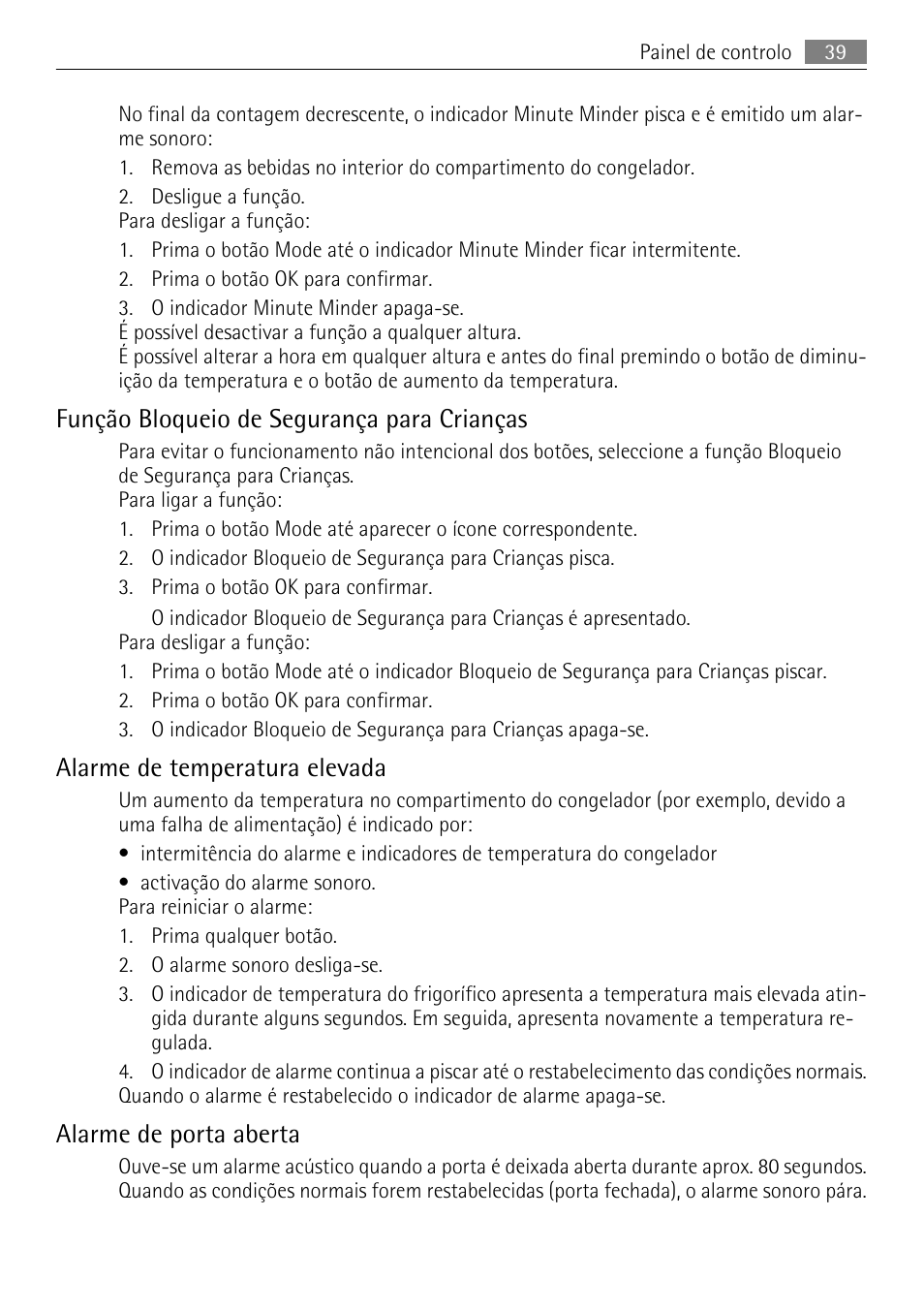 Função bloqueio de segurança para crianças, Alarme de temperatura elevada, Alarme de porta aberta | AEG AGN71200F0 User Manual | Page 39 / 76