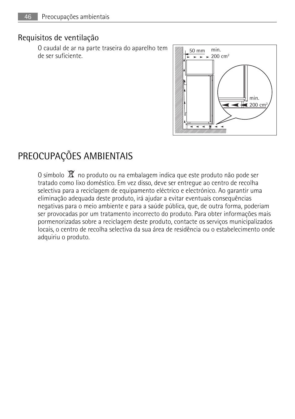 Preocupações ambientais, Requisitos de ventilação | AEG AGN71200F0 User Manual | Page 46 / 76