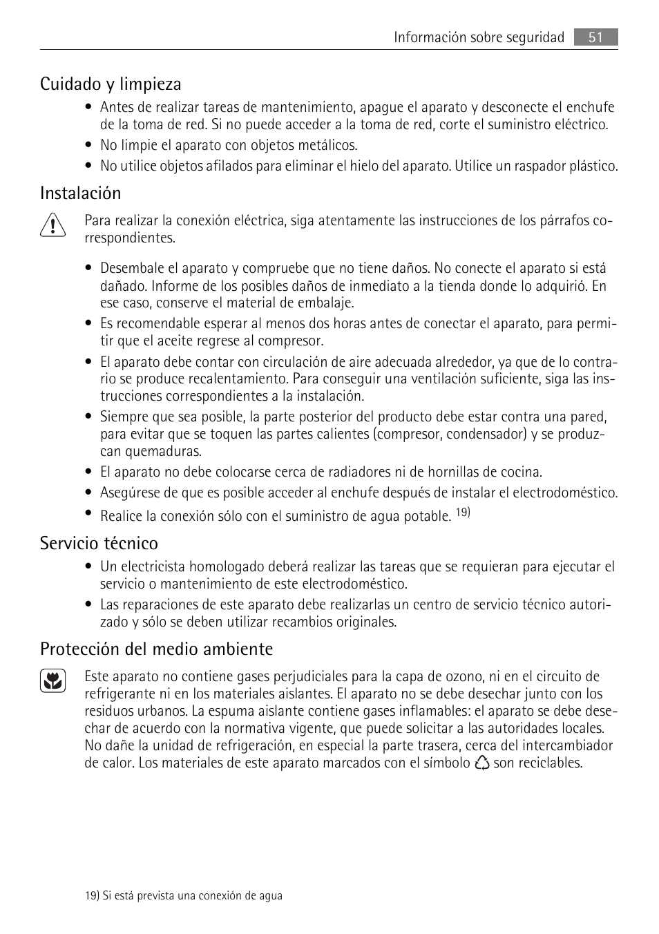 Cuidado y limpieza, Instalación, Servicio técnico | Protección del medio ambiente | AEG AGN71200F0 User Manual | Page 51 / 76