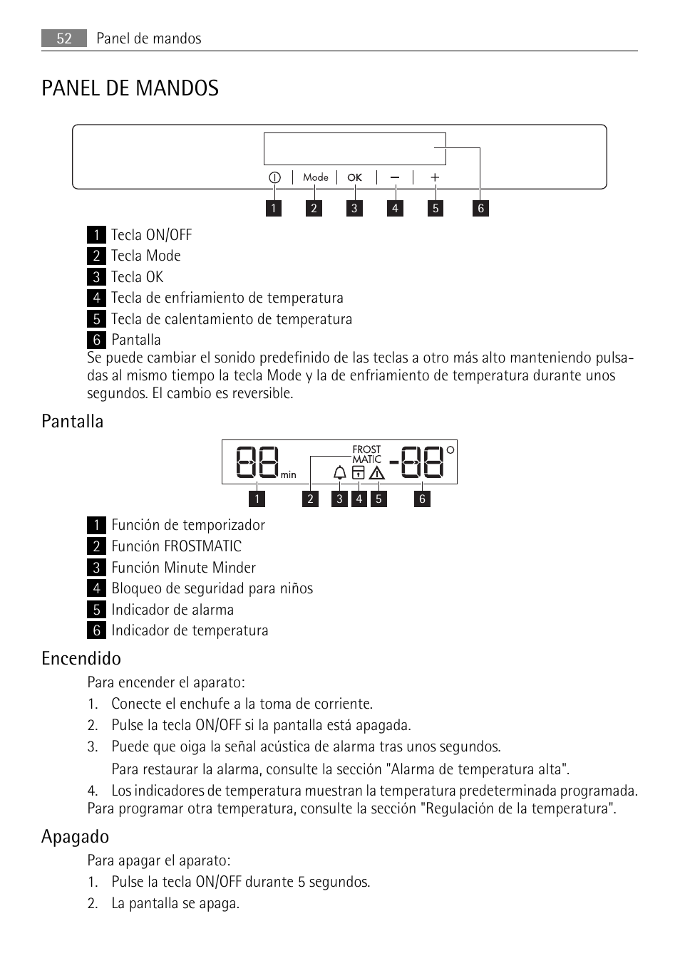 Panel de mandos, Pantalla, Encendido | Apagado | AEG AGN71200F0 User Manual | Page 52 / 76