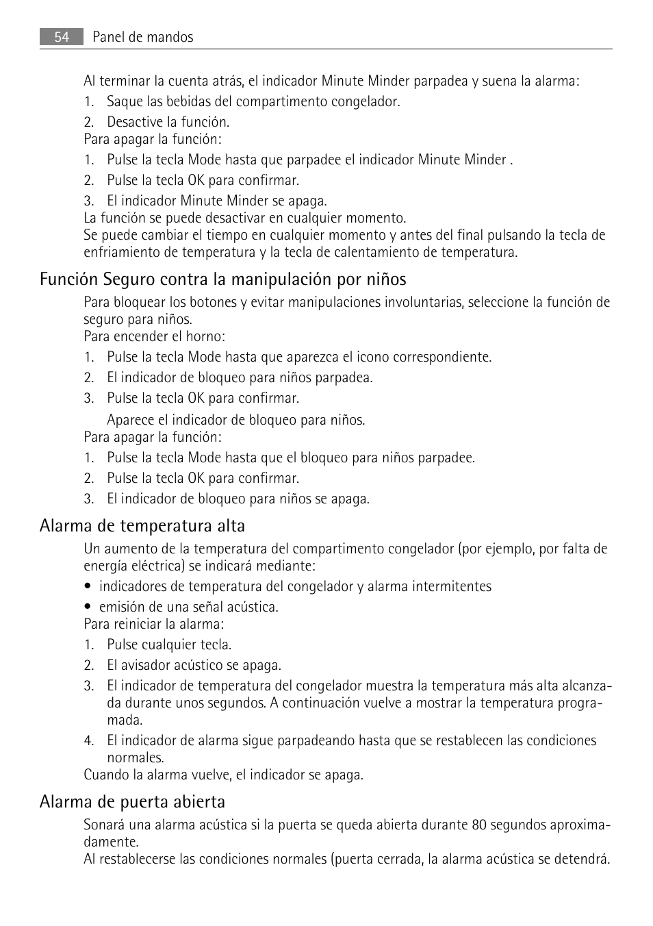 Función seguro contra la manipulación por niños, Alarma de temperatura alta, Alarma de puerta abierta | AEG AGN71200F0 User Manual | Page 54 / 76