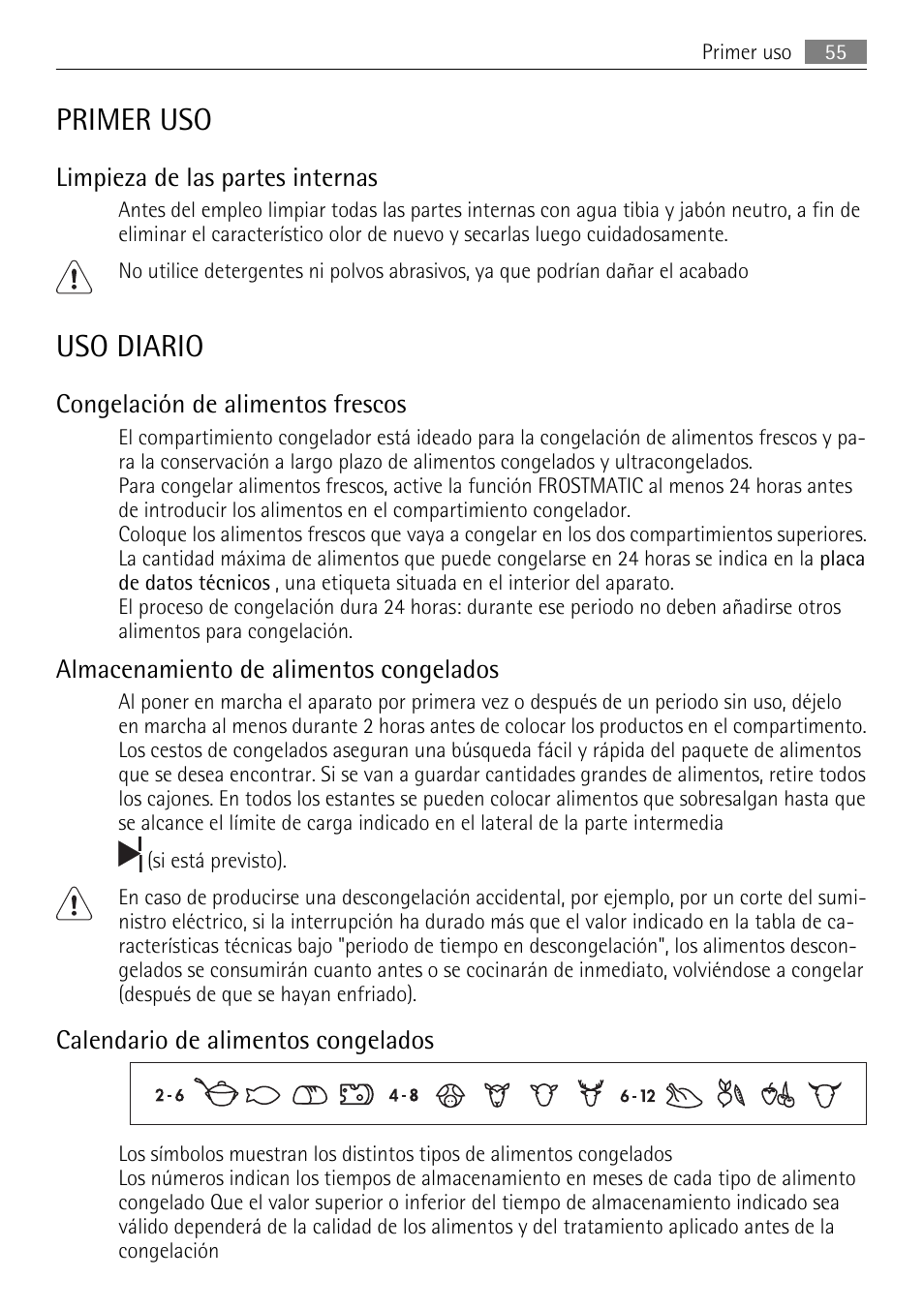 Primer uso, Uso diario, Limpieza de las partes internas | Congelación de alimentos frescos, Almacenamiento de alimentos congelados, Calendario de alimentos congelados | AEG AGN71200F0 User Manual | Page 55 / 76