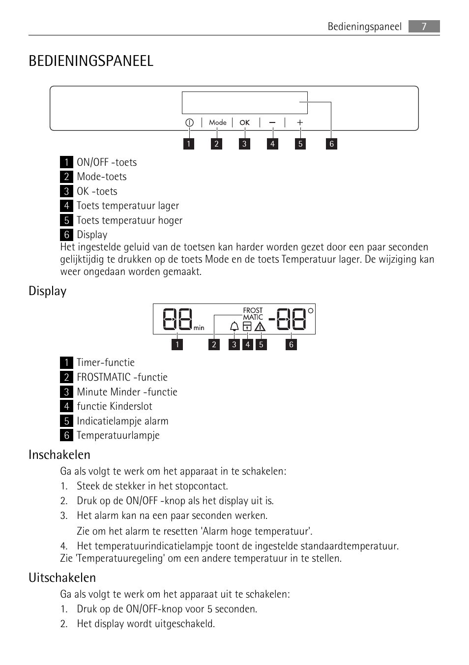 Bedieningspaneel, Display, Inschakelen | Uitschakelen | AEG AGN71200F0 User Manual | Page 7 / 76