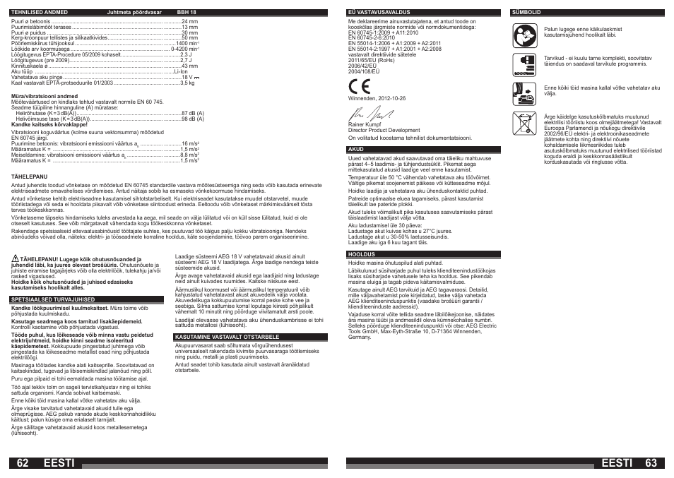 Eesti | AEG BBH 18 User Manual | Page 32 / 39