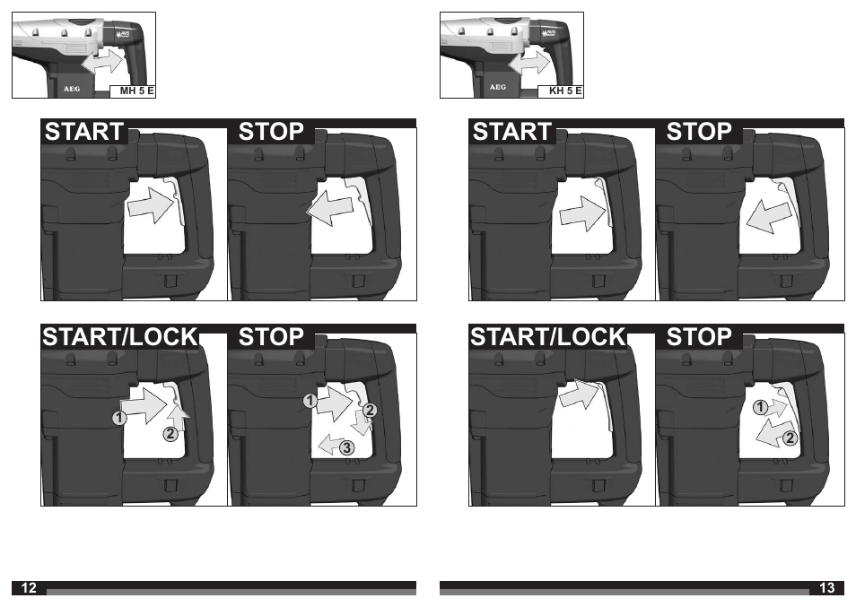 Start, Start/lock stop stop start start/lock stop stop | AEG KH 5 E User Manual | Page 7 / 39