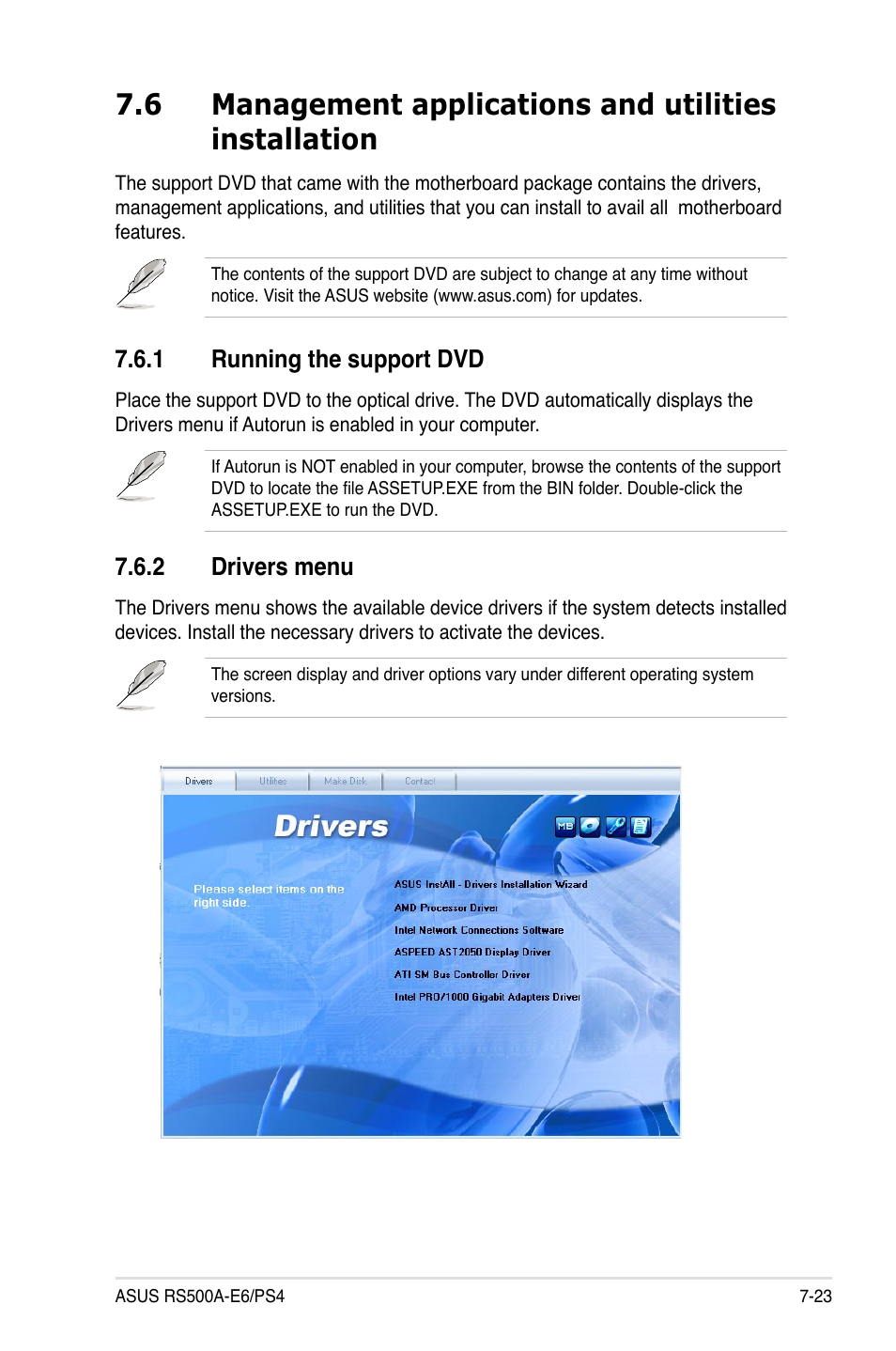 1 running the support dvd, 2 drivers menu, Running the support dvd -23 | Drivers menu -23 | Asus PS4 User Manual | Page 141 / 142