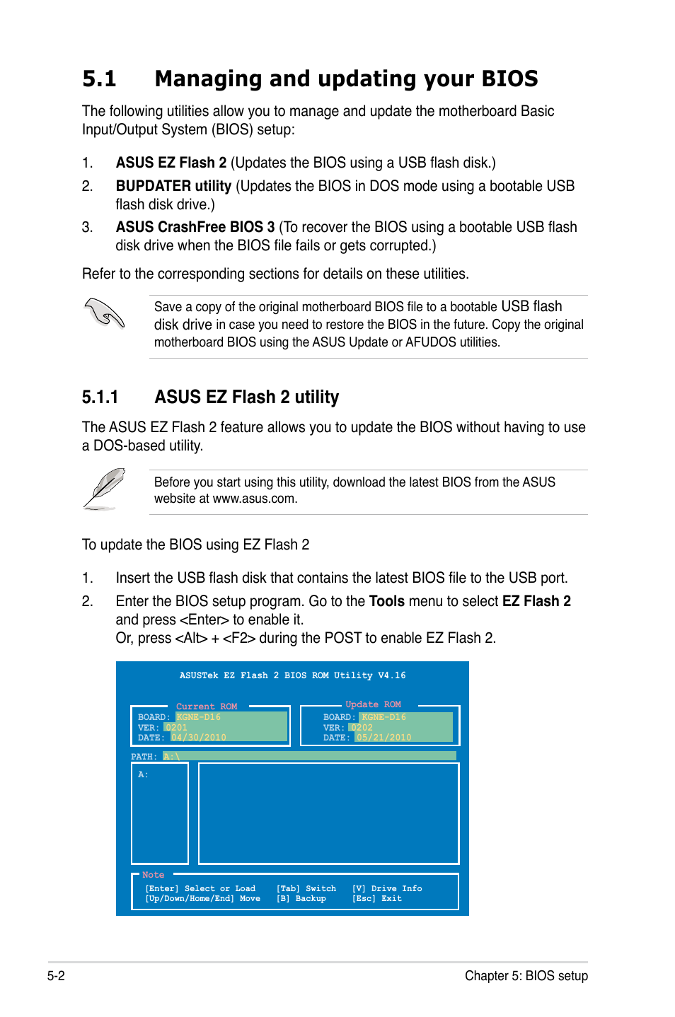 1 managing and updating your bios, 1 asus ez flash 2 utility, Managing and updating your bios -2 5.1.1 | Asus ez flash 2 utility -2 | Asus PS4 User Manual | Page 66 / 142