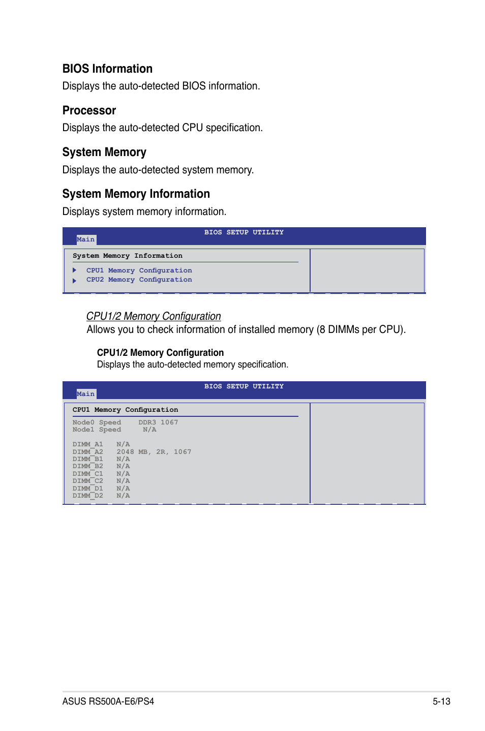 Bios information, Processor, Displays the auto-detected bios information | Displays the auto-detected cpu specification | Asus PS4 User Manual | Page 77 / 142