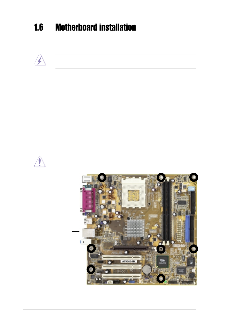 6 motherboard installation, 1 placement direction, 2 screw holes | Asus A7V266-MX User Manual | Page 16 / 64