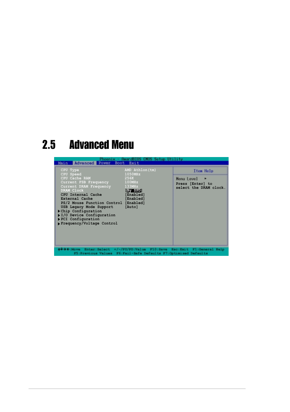 5 advanced menu, Dram clock [by spd, Cpu internal/external cache [enabled]/[enabled | Landing zone, Sector, Transfer mode | Asus A7V266-MX User Manual | Page 42 / 64