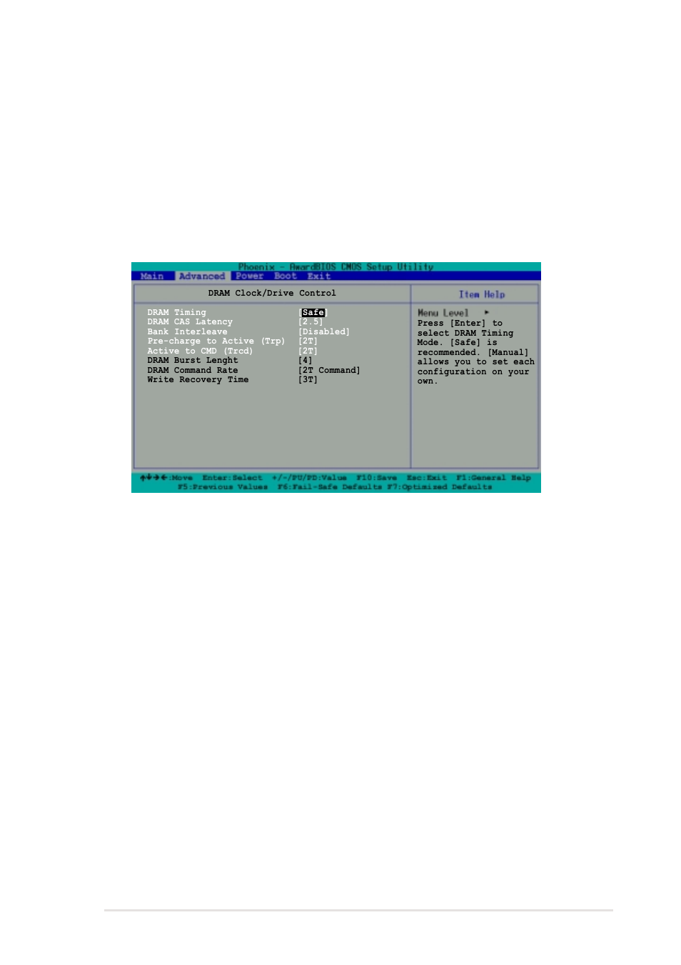 Dram clock/drive control, Tv_type [ntsc, Tv_connector [cvbs | Dram timing [safe, Dram cas latency [2.5, Bank interleave [disabled, Precharge to active (trp) [2t, Active to cmd (trcd) [2t | Asus A7V266-MX User Manual | Page 45 / 64