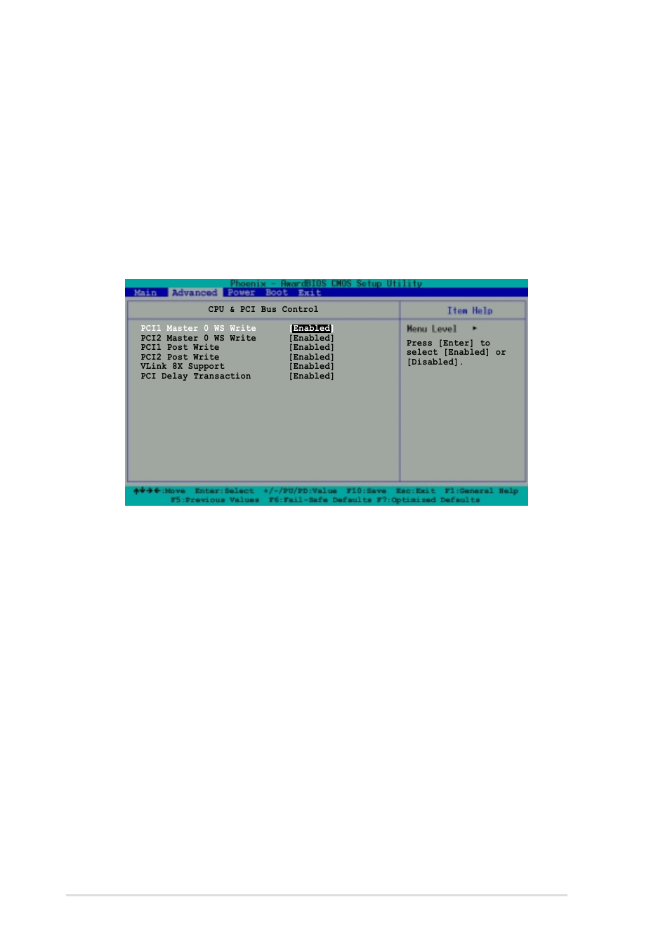 Cpu & pci bus control, Pci1 post write [enabled] pci2 post write [enabled, Vlink 8x support [enabled | Pci delay transaction [enabled, Dram burst lenght [4, Dram command rate [2t command, Write recovery time [3t | Asus A7V266-MX User Manual | Page 46 / 64