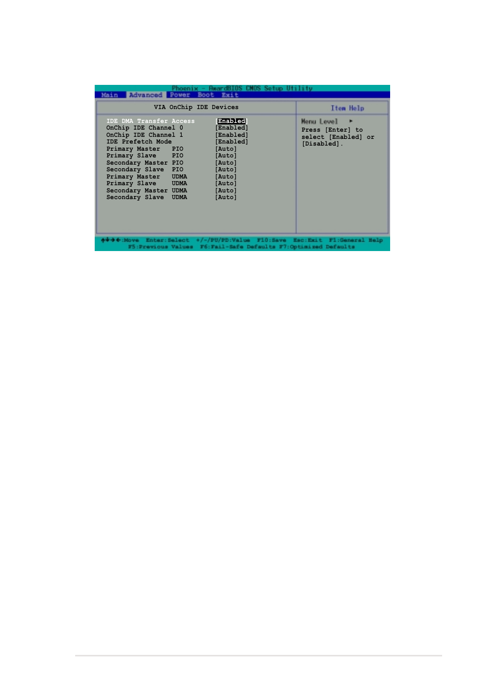 Via onchip ide device, Ide dma transfer access [enabled, Ide prefetch mode [enabled | Primary master pio [auto] primary slave pio [auto, Configuration options: [enabled] [disabled | Asus A7V266-MX User Manual | Page 47 / 64