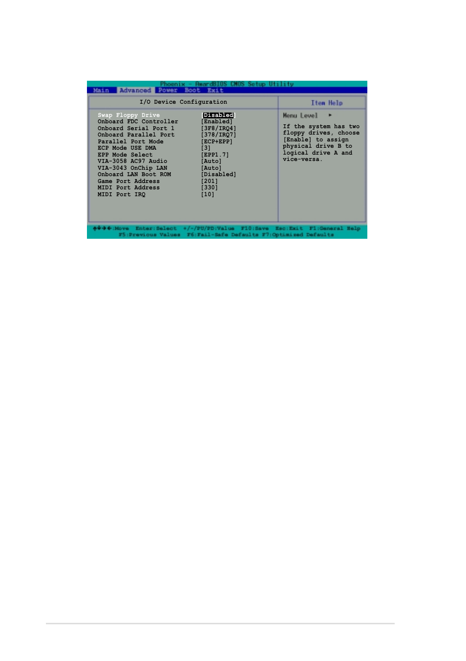 2 i/o device configuration, Swap floppy drive [disabled, Onboard fdc controller [enabled | Onboard serial port 1 [3f8/irq4, Onboard parallel port [378/irq7, Parallel port mode [ecp+epp, Ecp mode use dma [3, 18 chapter 2: bios information | Asus A7V266-MX User Manual | Page 48 / 64