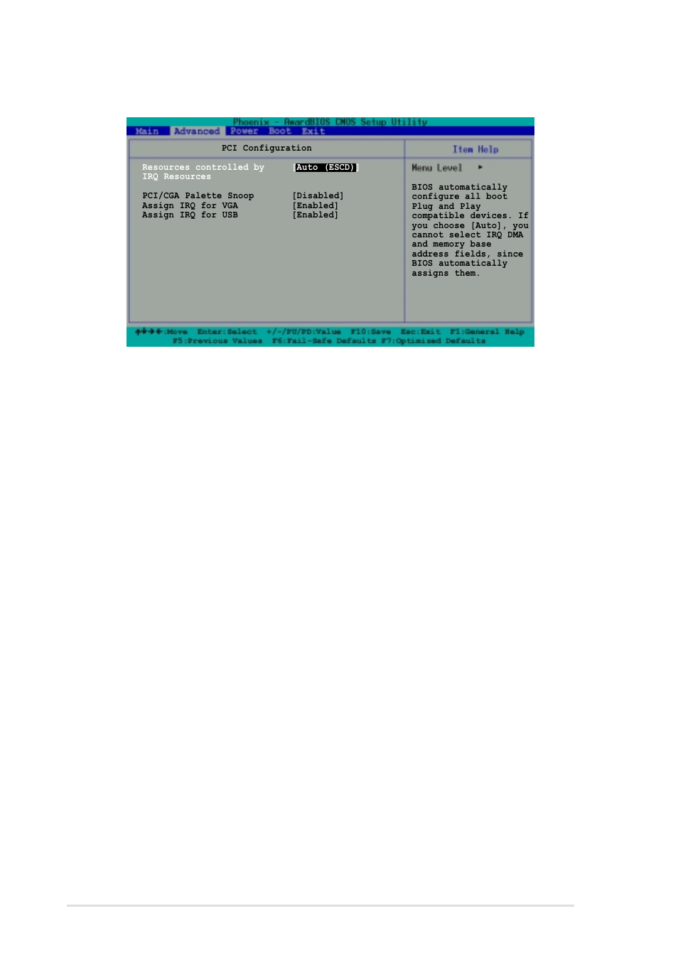 3 pci configuration, Resources controlled by [auto (escd), Pci/vga snoop palette [disabled | Assign irq for vga [enabled, Assign irq for usb [enabled | Asus A7V266-MX User Manual | Page 50 / 64