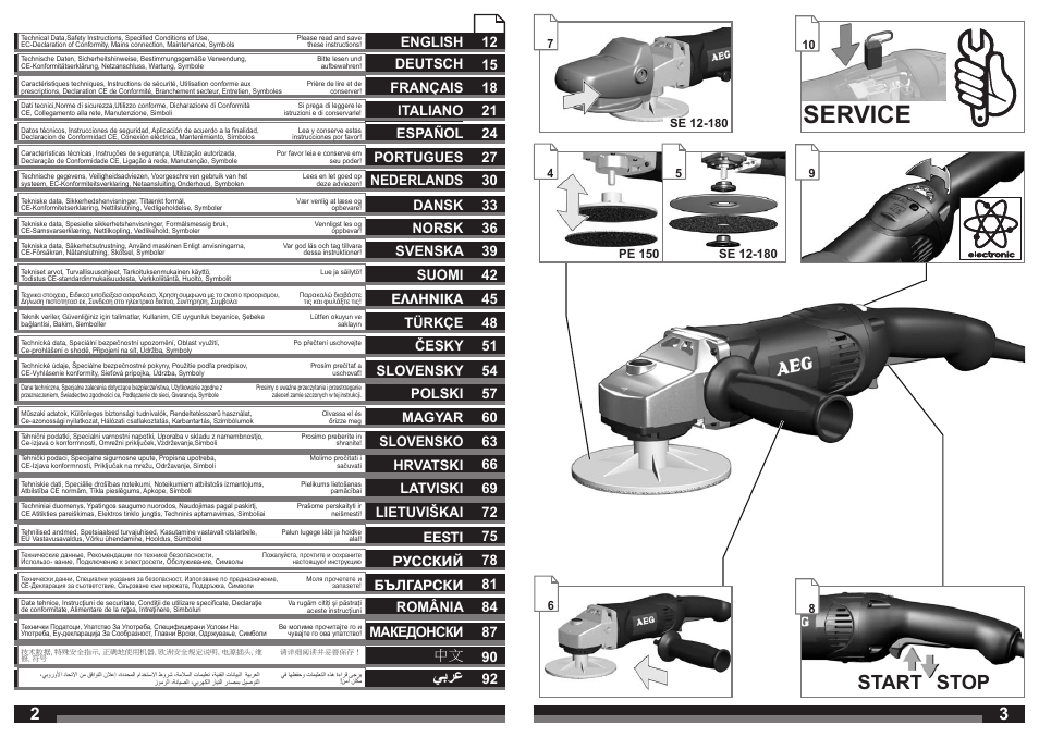 Service, Start stop, يبرع | Slovensko 63, 90 македонски | AEG SE 12-180 User Manual | Page 2 / 49